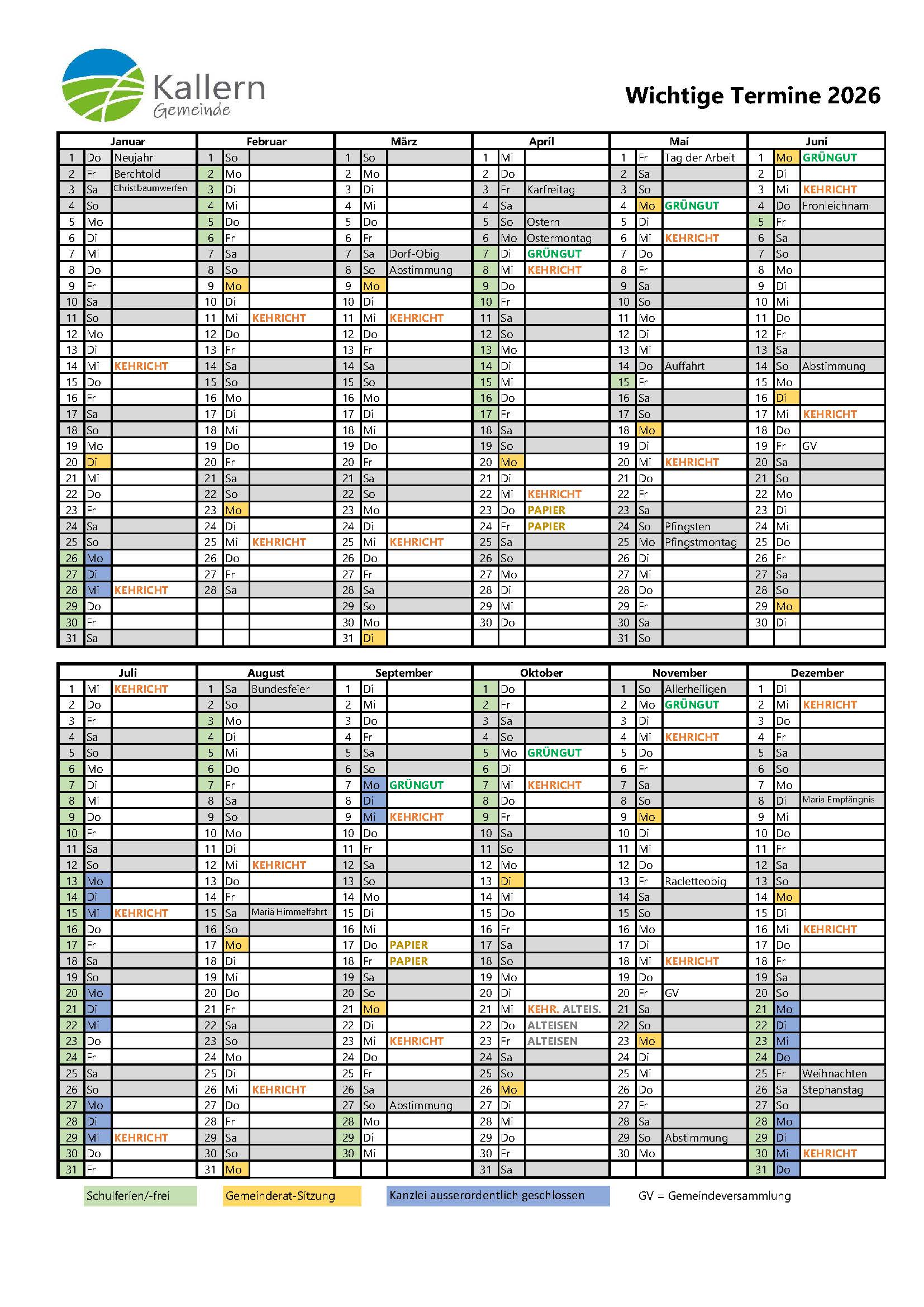 Wichtige Termine 2026 vorne